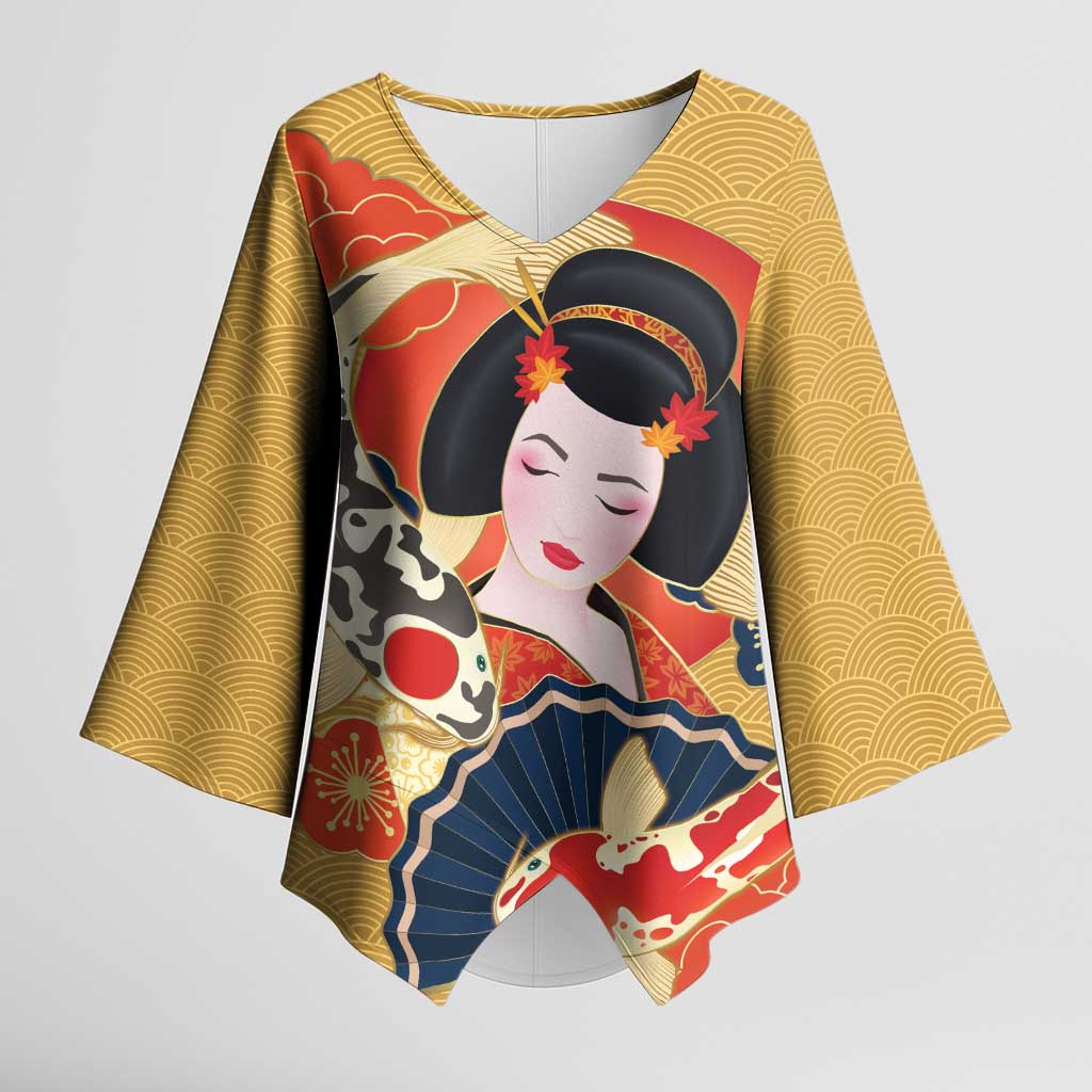 Japanese Geisha Koi Fish Kimono Sleeve Blouse Cherry Blossoms Yellow Seigaiha Pattern - Polynesian Pride