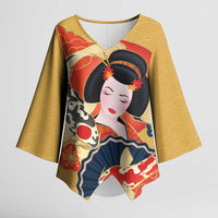 Japanese Geisha Koi Fish Kimono Sleeve Blouse Cherry Blossoms Yellow Seigaiha Pattern - Polynesian Pride