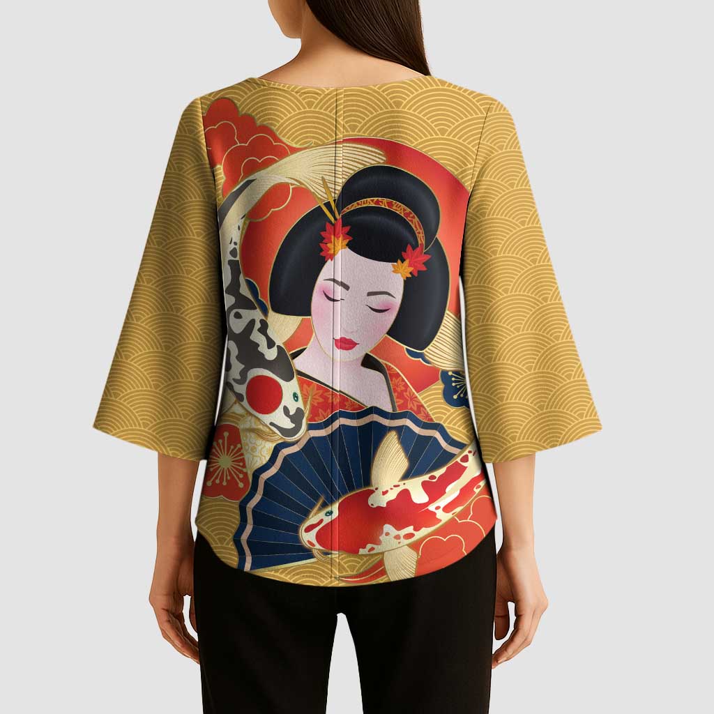 Japanese Geisha Koi Fish Kimono Sleeve Blouse Cherry Blossoms Yellow Seigaiha Pattern - Polynesian Pride