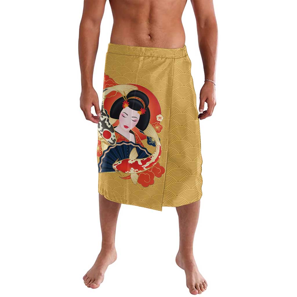 Japanese Geisha Koi Fish Lavalava Cherry Blossoms Yellow Seigaiha Pattern - Polynesian Pride