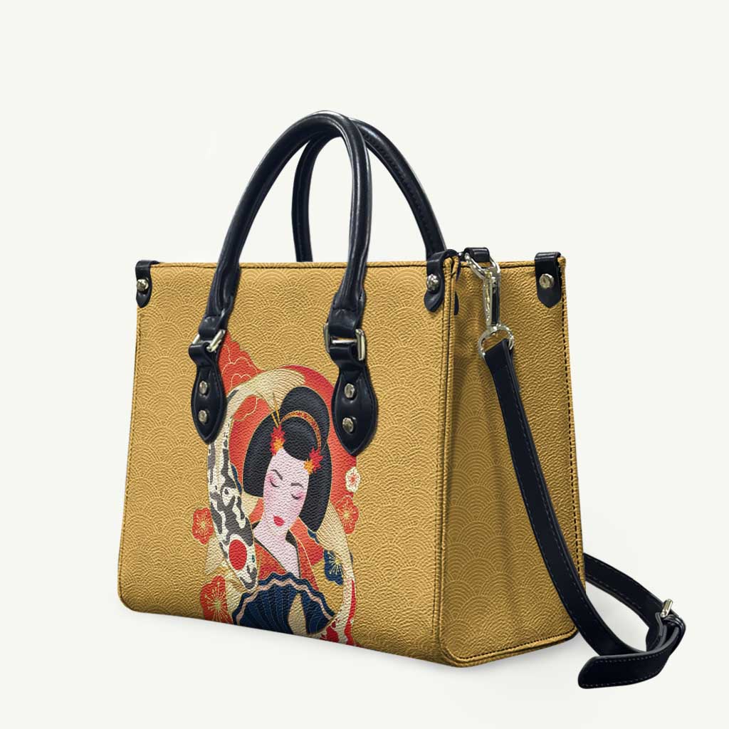 Japanese Geisha Koi Fish Leather Bag Cherry Blossoms Yellow Seigaiha Pattern - Polynesian Pride