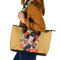 Japanese Geisha Koi Fish Leather Tote Bag Cherry Blossoms Yellow Seigaiha Pattern - Polynesian Pride