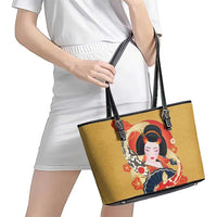 Japanese Geisha Koi Fish Leather Tote Bag Cherry Blossoms Yellow Seigaiha Pattern - Polynesian Pride