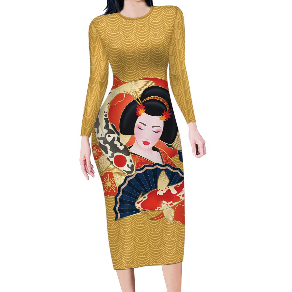 Japanese Geisha Koi Fish Long Sleeve Bodycon Dress Cherry Blossoms Yellow Seigaiha Pattern - Polynesian Pride