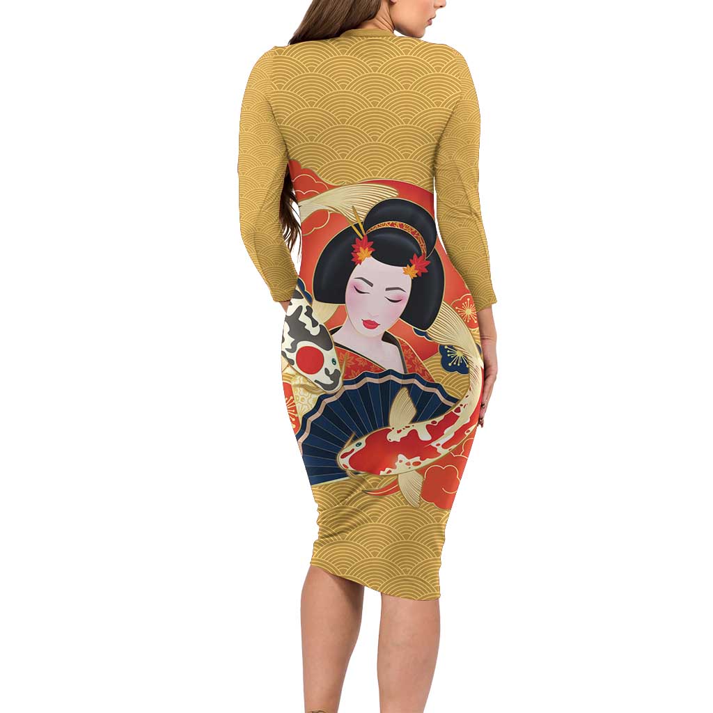 Japanese Geisha Koi Fish Long Sleeve Bodycon Dress Cherry Blossoms Yellow Seigaiha Pattern - Polynesian Pride