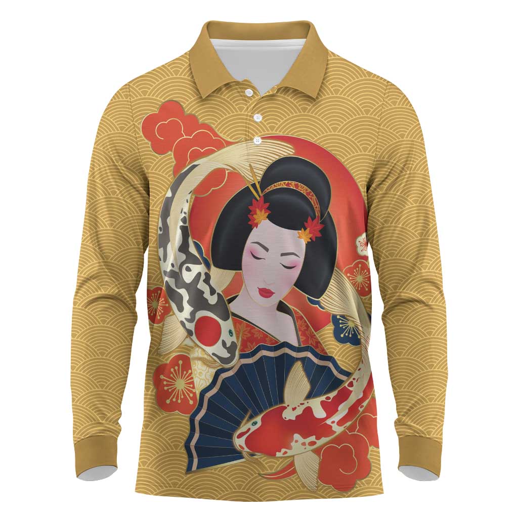 Japanese Geisha Koi Fish Long Sleeve Polo Shirt Cherry Blossoms Yellow Seigaiha Pattern LT14 Yellow - Polynesian Pride