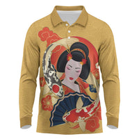 Japanese Geisha Koi Fish Long Sleeve Polo Shirt Cherry Blossoms Yellow Seigaiha Pattern - Polynesian Pride