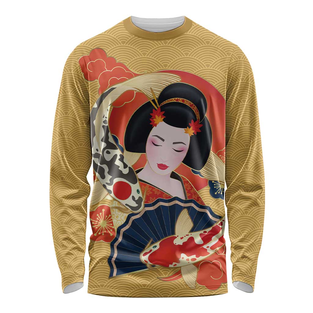 Japanese Geisha Koi Fish Long Sleeve Shirt Cherry Blossoms Yellow Seigaiha Pattern - Polynesian Pride