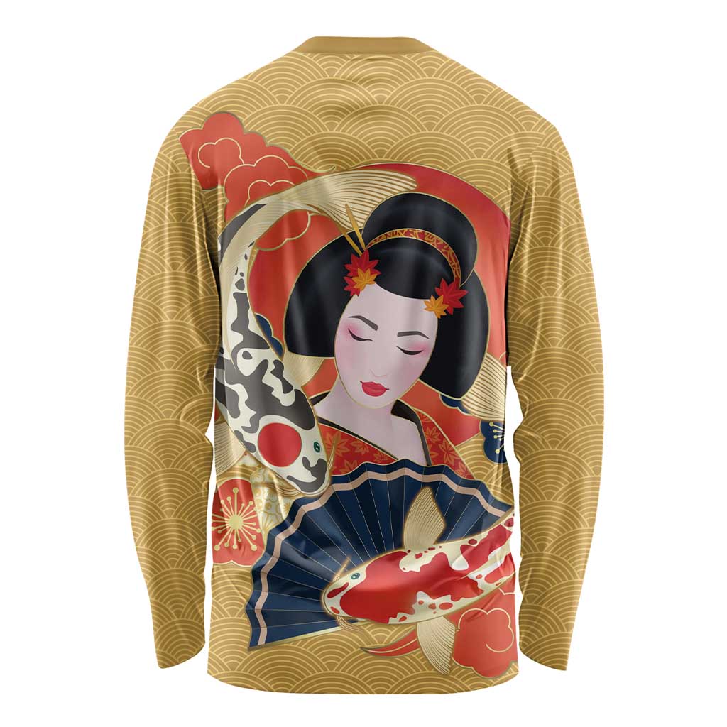 Japanese Geisha Koi Fish Long Sleeve Shirt Cherry Blossoms Yellow Seigaiha Pattern - Polynesian Pride