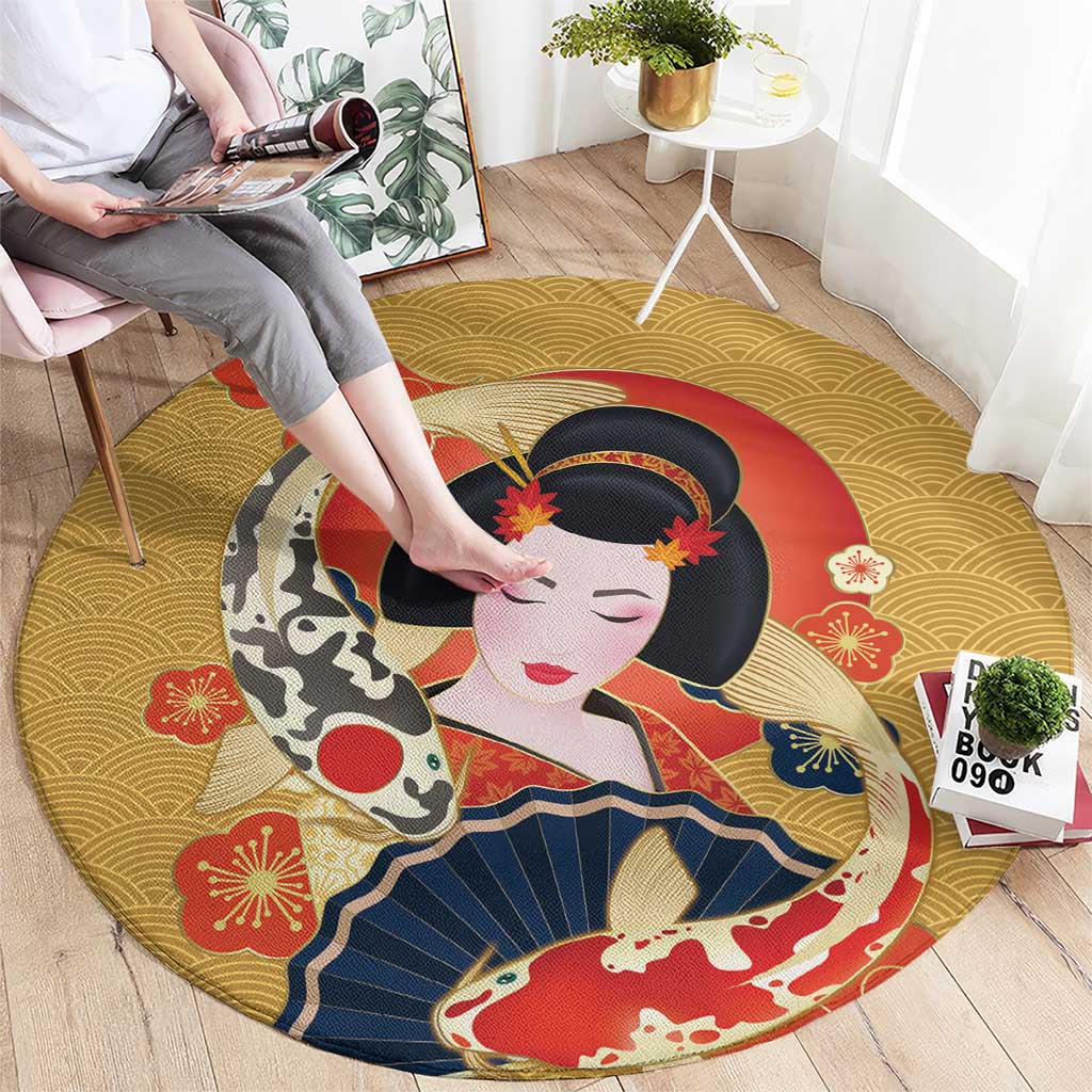 Japanese Geisha Koi Fish Round Carpet Cherry Blossoms Yellow Seigaiha Pattern - Polynesian Pride