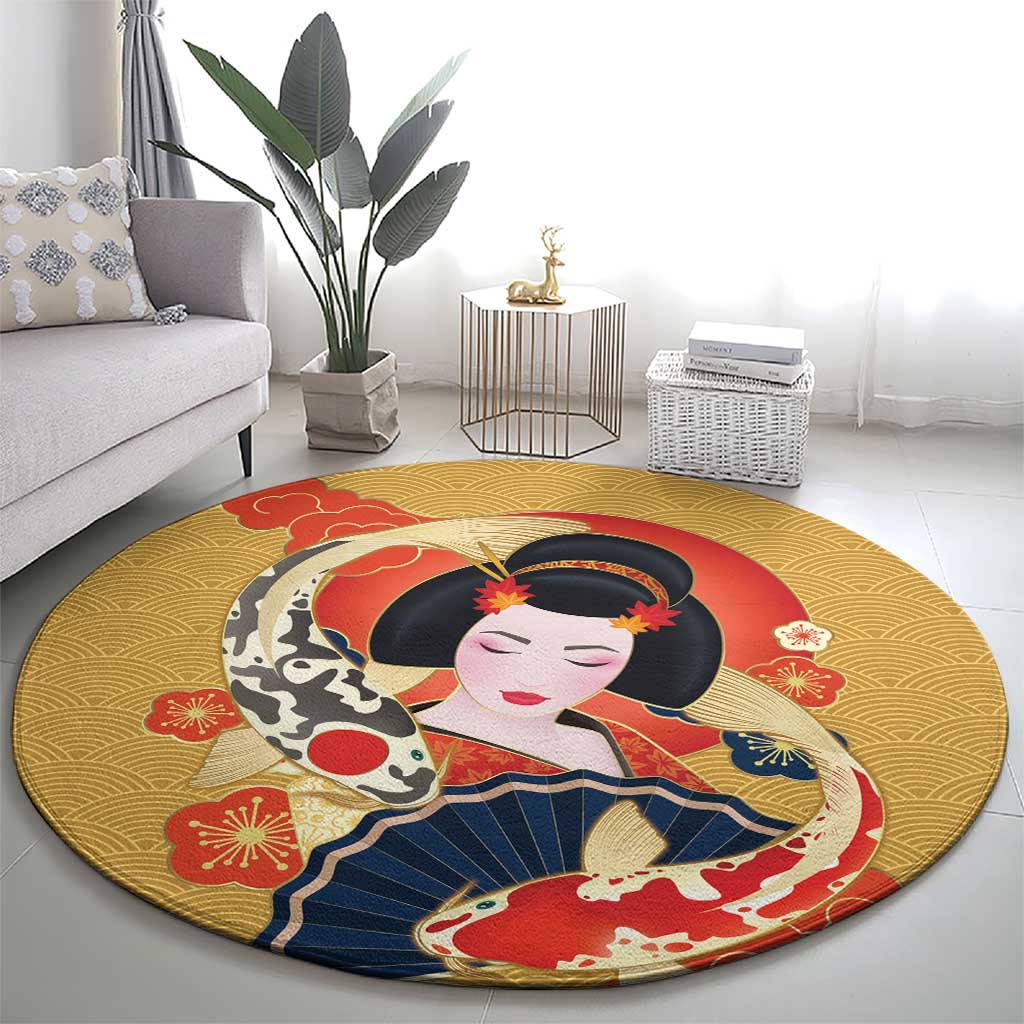 Japanese Geisha Koi Fish Round Carpet Cherry Blossoms Yellow Seigaiha Pattern - Polynesian Pride