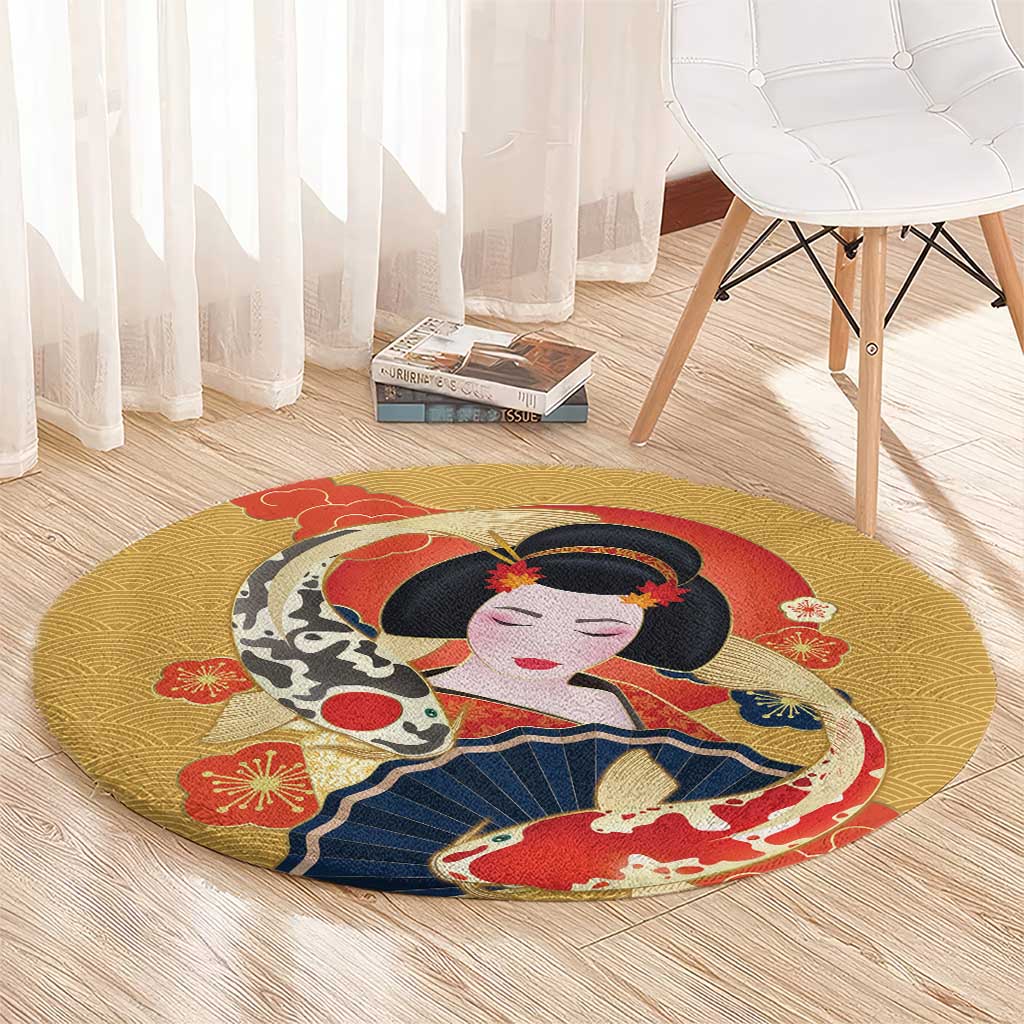Japanese Geisha Koi Fish Round Carpet Cherry Blossoms Yellow Seigaiha Pattern - Polynesian Pride