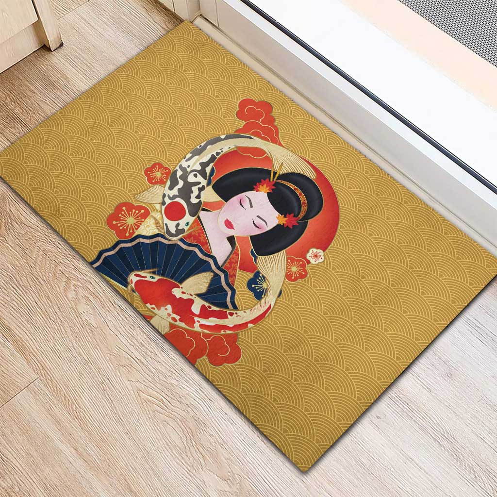 Japanese Geisha Koi Fish Rubber Doormat Cherry Blossoms Yellow Seigaiha Pattern - Polynesian Pride