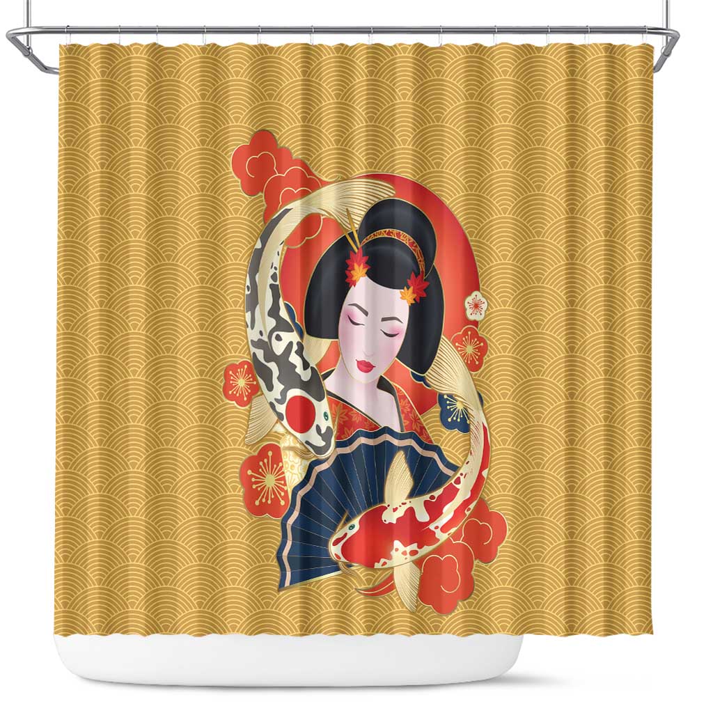Japanese Geisha Koi Fish Shower Curtain Cherry Blossoms Yellow Seigaiha Pattern - Polynesian Pride