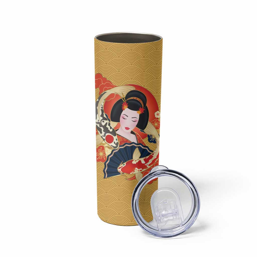 Japanese Geisha Koi Fish Skinny Tumbler Cherry Blossoms Yellow Seigaiha Pattern - Polynesian Pride