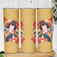 Japanese Geisha Koi Fish Skinny Tumbler Cherry Blossoms Yellow Seigaiha Pattern - Polynesian Pride