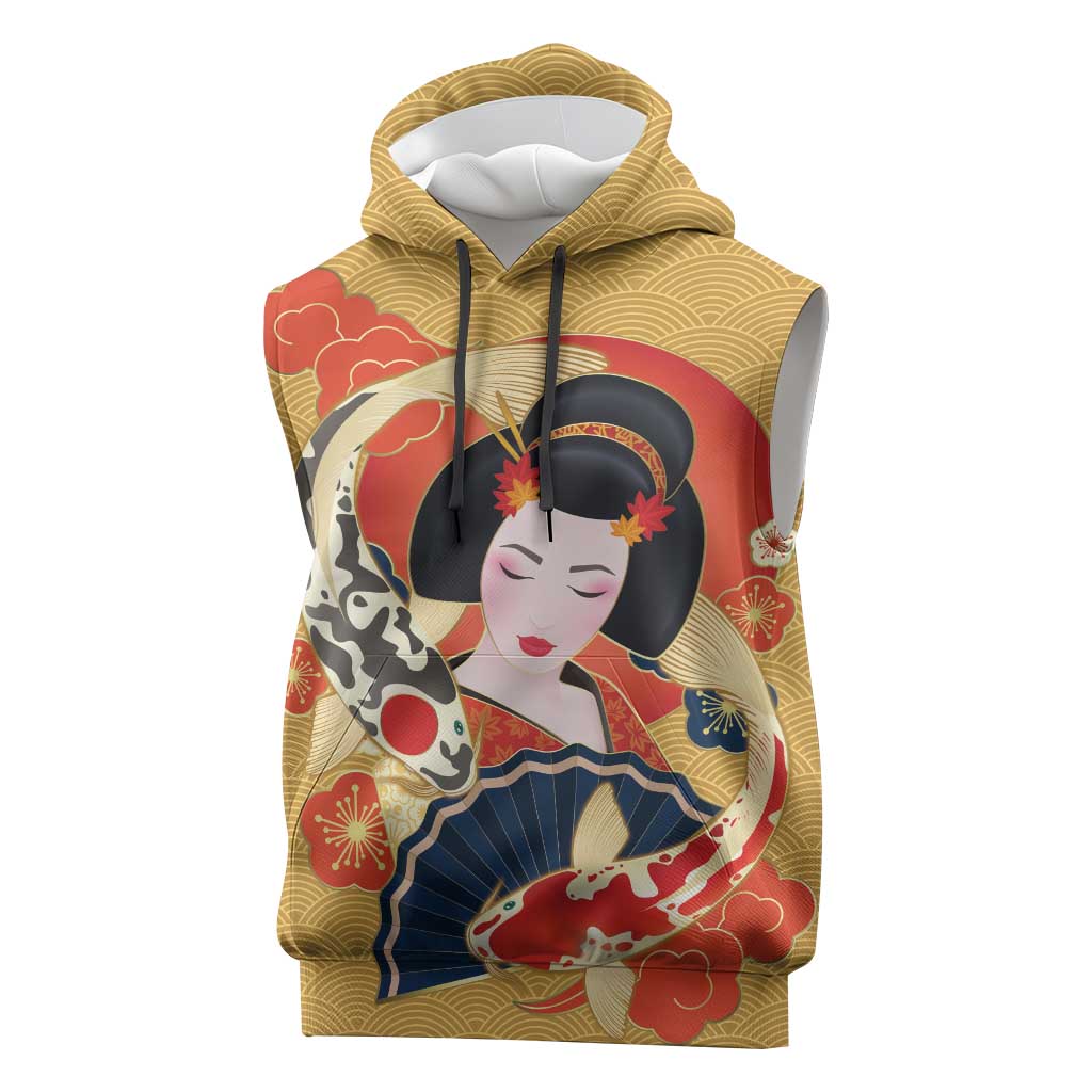 Japanese Geisha Koi Fish Sleeveless Hoodie Cherry Blossoms Yellow Seigaiha Pattern LT14 Yellow - Polynesian Pride