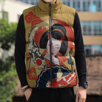 Japanese Geisha Koi Fish Sleeveless Puffer Jacket Cherry Blossoms Yellow Seigaiha Pattern - Polynesian Pride