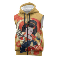 Japanese Geisha Koi Fish Sleeveless Zip Hoodie Cherry Blossoms Yellow Seigaiha Pattern - Polynesian Pride