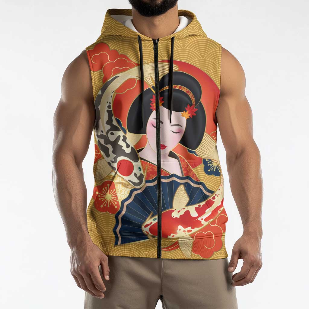 Japanese Geisha Koi Fish Sleeveless Zip Hoodie Cherry Blossoms Yellow Seigaiha Pattern - Polynesian Pride