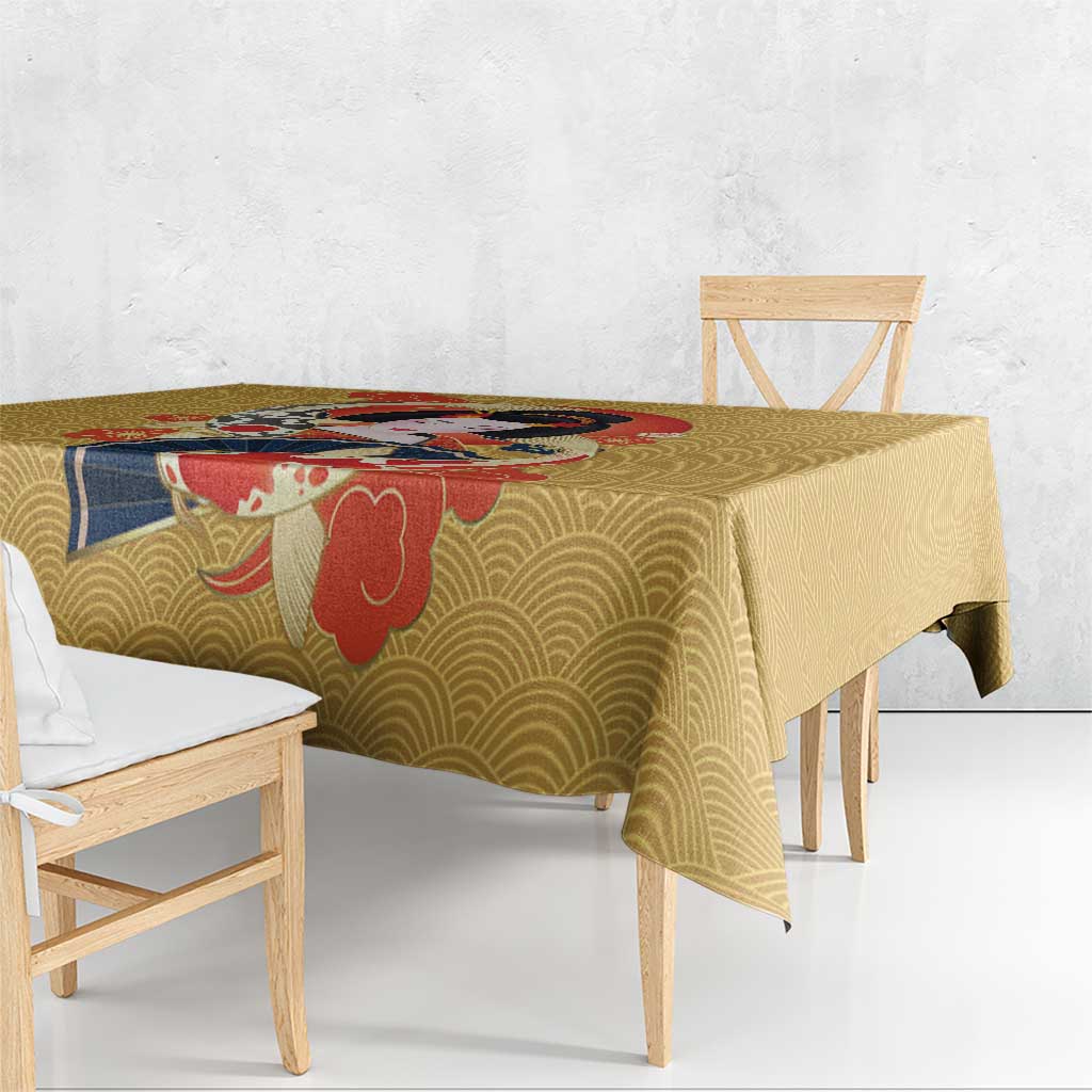 Japanese Geisha Koi Fish Tablecloth Cherry Blossoms Yellow Seigaiha Pattern - Polynesian Pride