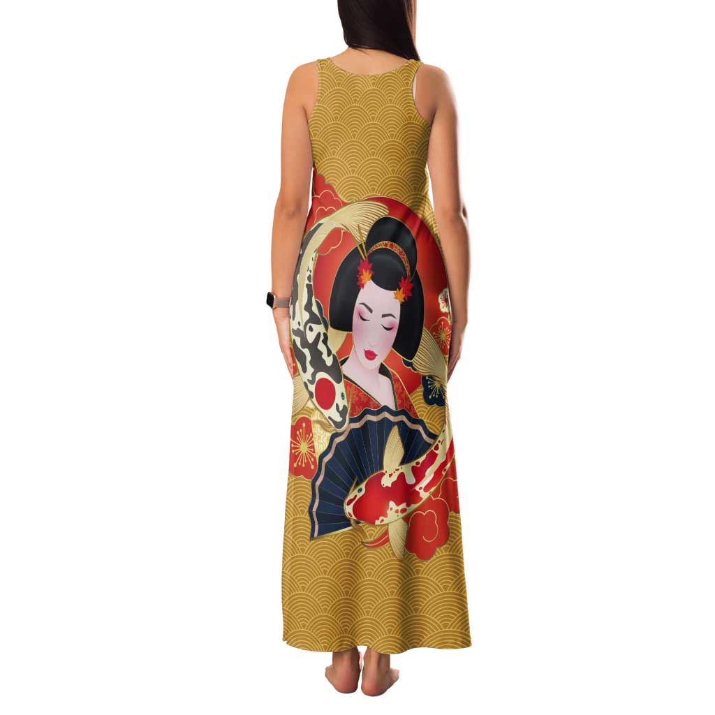 Japanese Geisha Koi Fish Tank Maxi Dress Cherry Blossoms Yellow Seigaiha Pattern - Polynesian Pride