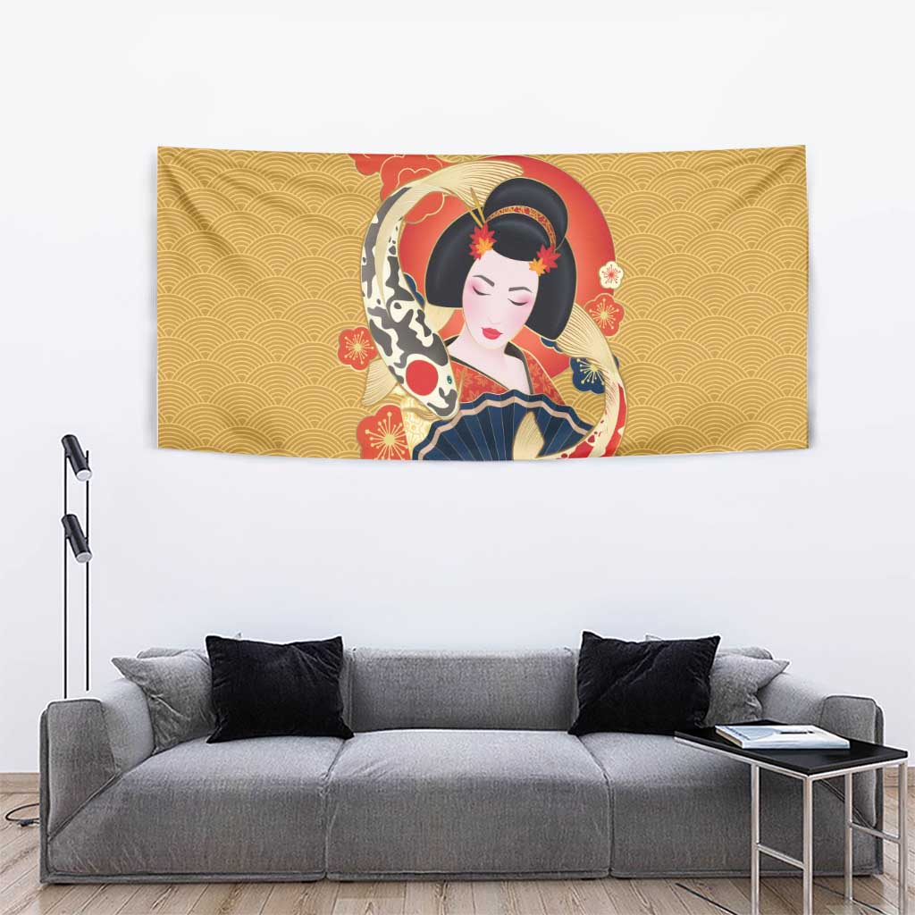 Japanese Geisha Koi Fish Tapestry Cherry Blossoms Yellow Seigaiha Pattern - Polynesian Pride