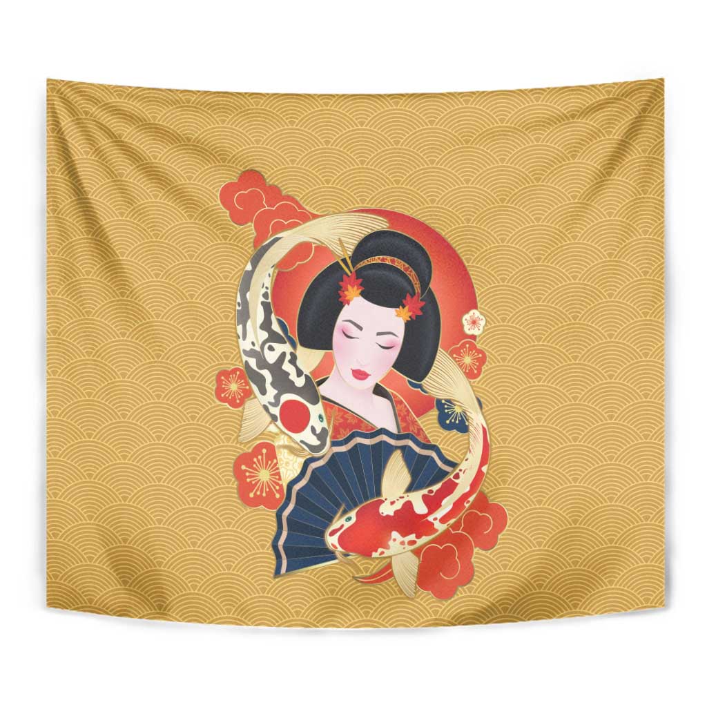 Japanese Geisha Koi Fish Tapestry Cherry Blossoms Yellow Seigaiha Pattern - Polynesian Pride