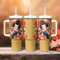 Japanese Geisha Koi Fish Tumbler With Handle Cherry Blossoms Yellow Seigaiha Pattern - Polynesian Pride
