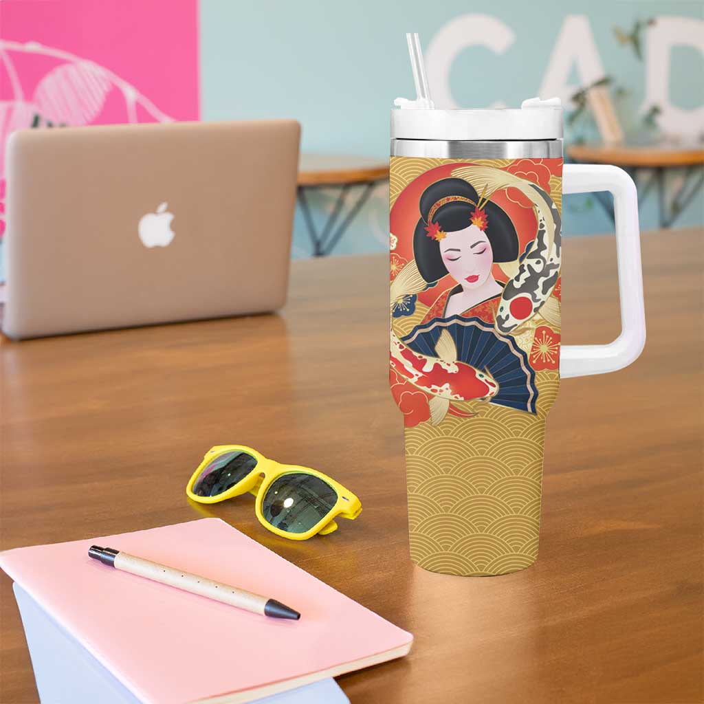 Japanese Geisha Koi Fish Tumbler With Handle Cherry Blossoms Yellow Seigaiha Pattern - Polynesian Pride