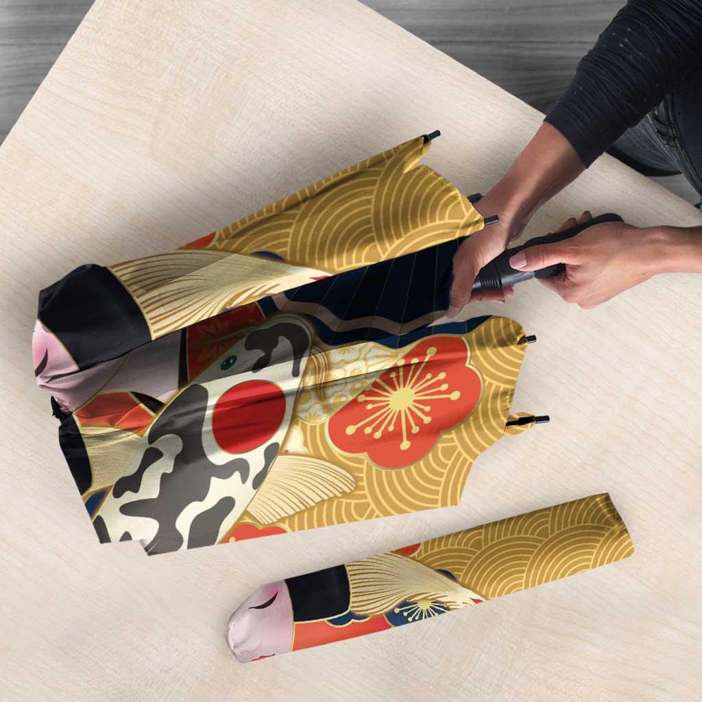 Japanese Geisha Koi Fish Umbrella Cherry Blossoms Yellow Seigaiha Pattern - Polynesian Pride