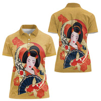 Japanese Geisha Koi Fish Women Polo Shirt Cherry Blossoms Yellow Seigaiha Pattern - Polynesian Pride