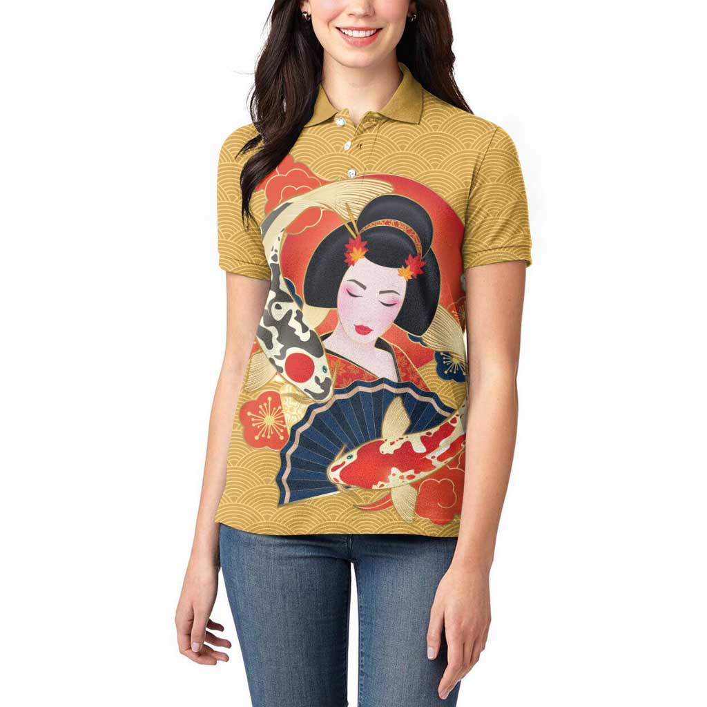 Japanese Geisha Koi Fish Women Polo Shirt Cherry Blossoms Yellow Seigaiha Pattern - Polynesian Pride