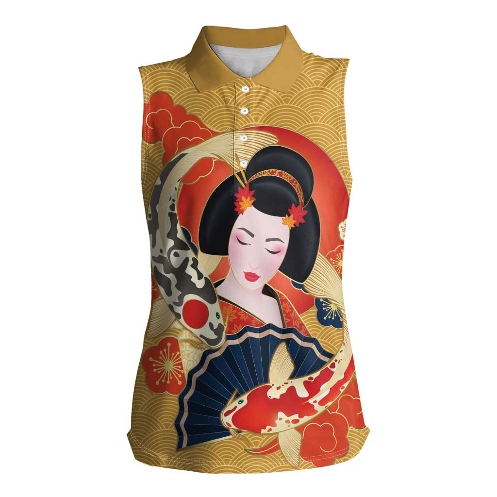 Japanese Geisha Koi Fish Women Sleeveless Polo Shirt Cherry Blossoms Yellow Seigaiha Pattern LT14 Female Yellow - Polynesian Pride