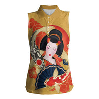 Japanese Geisha Koi Fish Women Sleeveless Polo Shirt Cherry Blossoms Yellow Seigaiha Pattern LT14 Female Yellow - Polynesian Pride