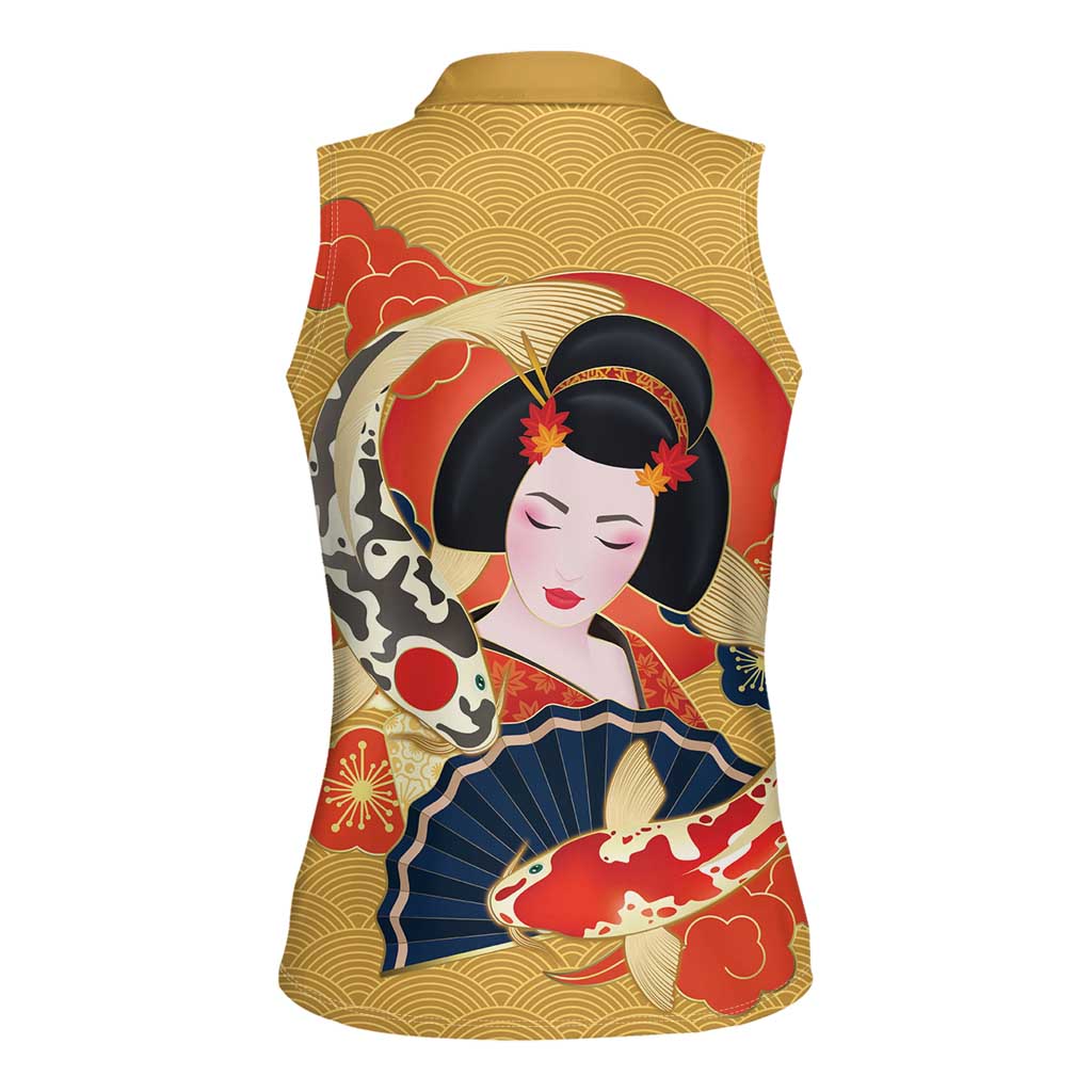 Japanese Geisha Koi Fish Women Sleeveless Polo Shirt Cherry Blossoms Yellow Seigaiha Pattern LT14 - Polynesian Pride