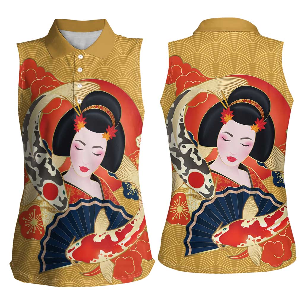 Japanese Geisha Koi Fish Women Sleeveless Polo Shirt Cherry Blossoms Yellow Seigaiha Pattern LT14 - Polynesian Pride