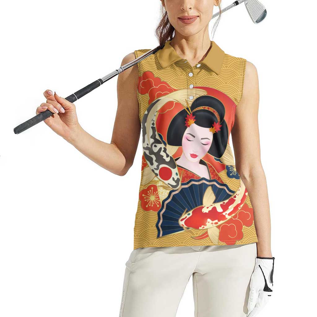 Japanese Geisha Koi Fish Women Sleeveless Polo Shirt Cherry Blossoms Yellow Seigaiha Pattern LT14 - Polynesian Pride