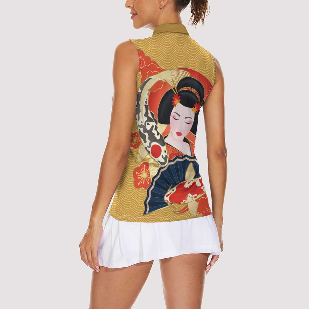 Japanese Geisha Koi Fish Women Sleeveless Polo Shirt Cherry Blossoms Yellow Seigaiha Pattern LT14 - Polynesian Pride