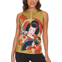 Japanese Geisha Koi Fish Women Sleeveless Polo Shirt Cherry Blossoms Yellow Seigaiha Pattern LT14 - Polynesian Pride
