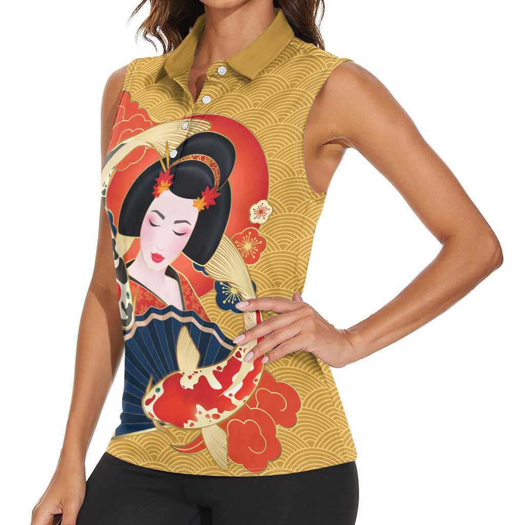 Japanese Geisha Koi Fish Women Sleeveless Polo Shirt Cherry Blossoms Yellow Seigaiha Pattern LT14 - Polynesian Pride