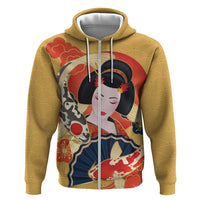 Japanese Geisha Koi Fish Zip Hoodie Cherry Blossoms Yellow Seigaiha Pattern - Polynesian Pride