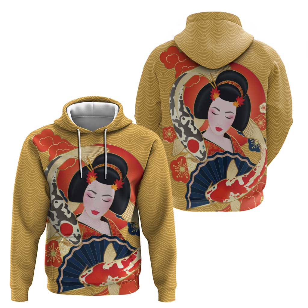 Japanese Geisha Koi Fish Zip Hoodie Cherry Blossoms Yellow Seigaiha Pattern - Polynesian Pride