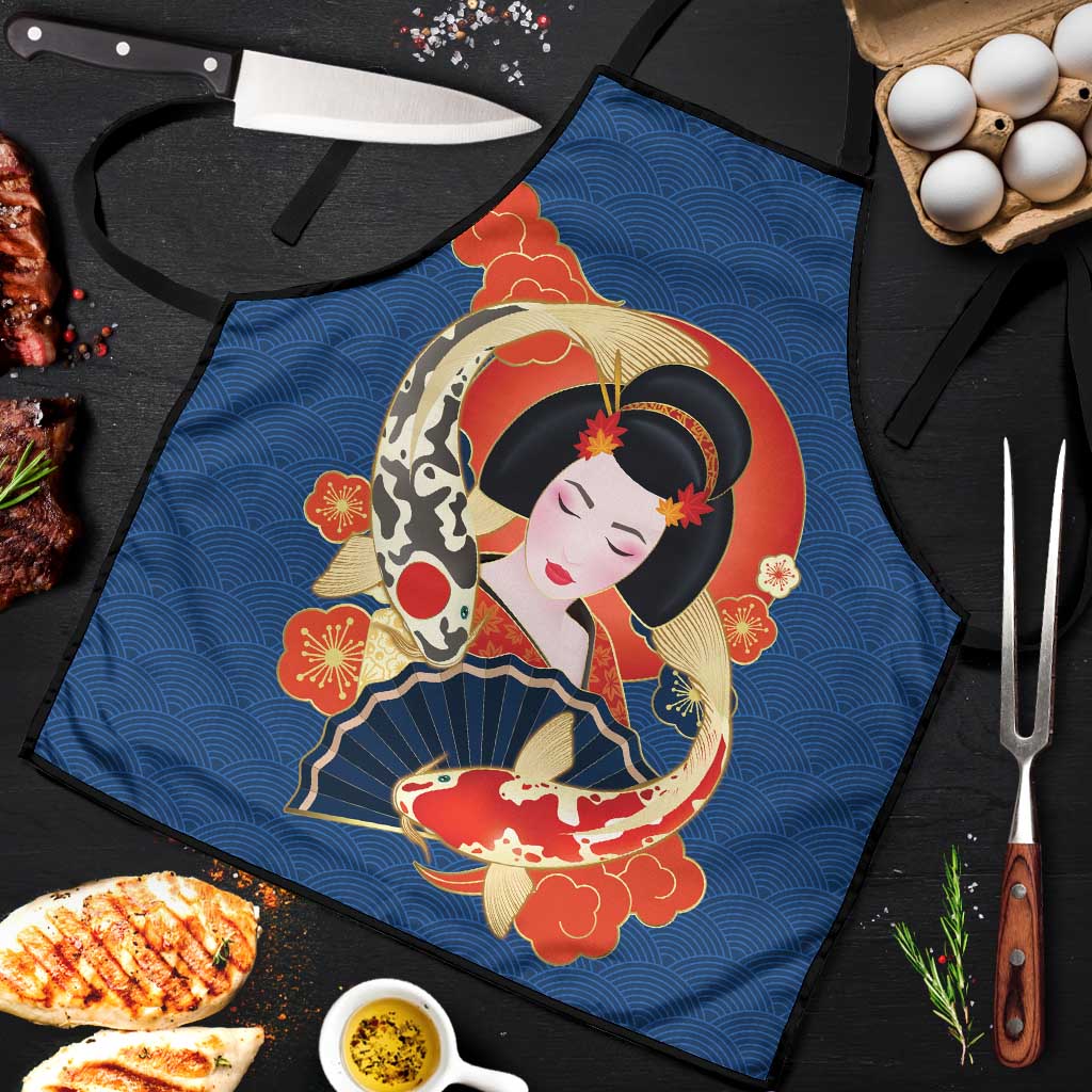 Japanese Geisha Koi Fish Apron Cherry Blossoms Blue Seigaiha Pattern - Polynesian Pride