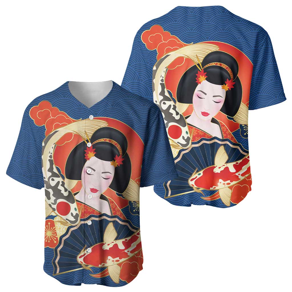 Japanese Geisha Koi Fish Baseball Jersey Cherry Blossoms Blue Seigaiha Pattern - Polynesian Pride