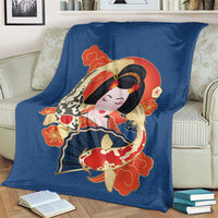 Japanese Geisha Koi Fish Blanket Cherry Blossoms Blue Seigaiha Pattern - Polynesian Pride