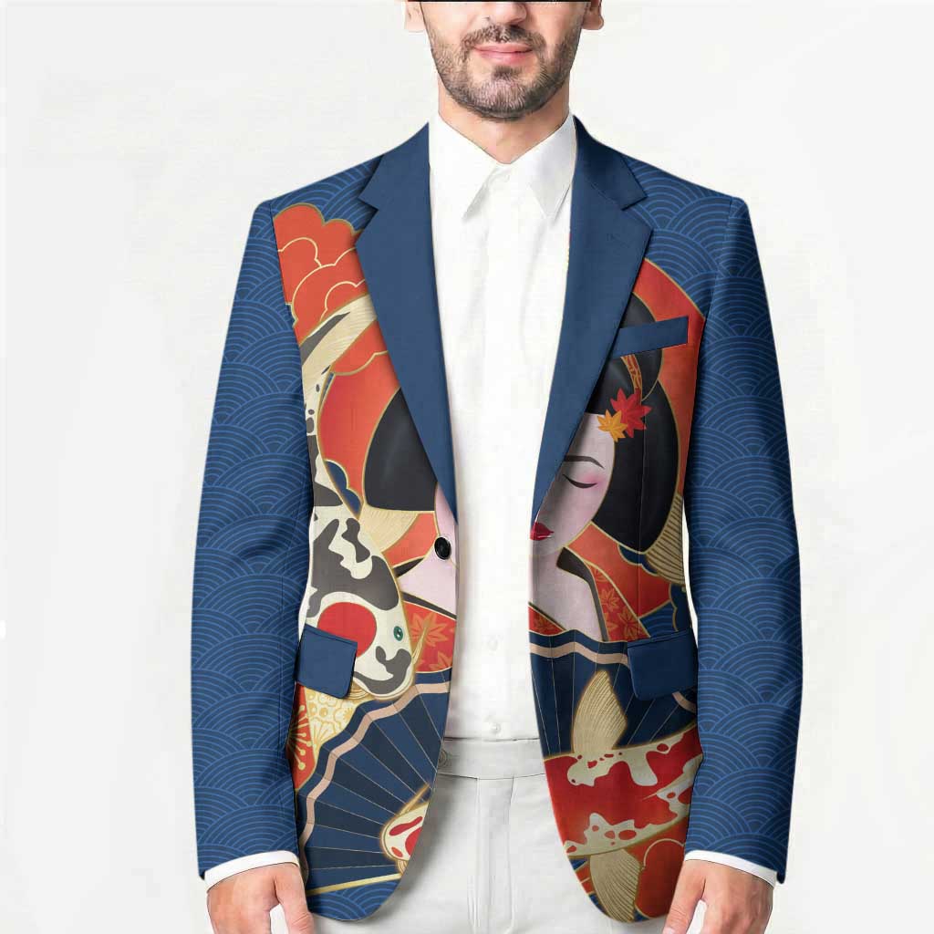 Japanese Geisha Koi Fish Blazer Cherry Blossoms Blue Seigaiha Pattern - Polynesian Pride