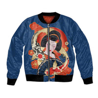 Japanese Geisha Koi Fish Bomber Jacket Cherry Blossoms Blue Seigaiha Pattern - Polynesian Pride