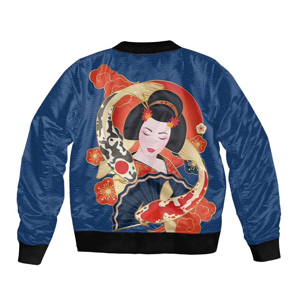 Japanese Geisha Koi Fish Bomber Jacket Cherry Blossoms Blue Seigaiha Pattern - Polynesian Pride