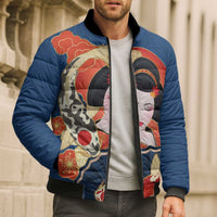 Japanese Geisha Koi Fish Bomber Puffer Jacket Cherry Blossoms Blue Seigaiha Pattern - Polynesian Pride